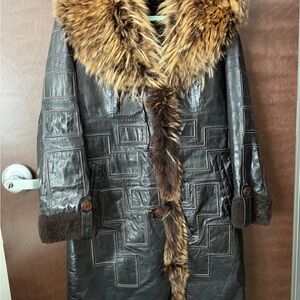 Valentino Pelle Brown Vintage Leather Coat XL Long Wool Lined Fur Collar